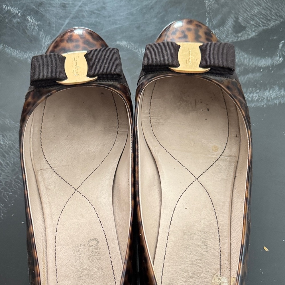 Salvatore Ferragamo Brown Leopard Flats with Black Bow